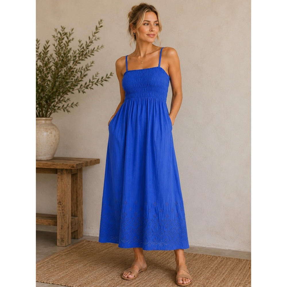 Old Navy Eyelet Hem Smocked Maxi Dress Women Large Blue Removabl Straps Cottage